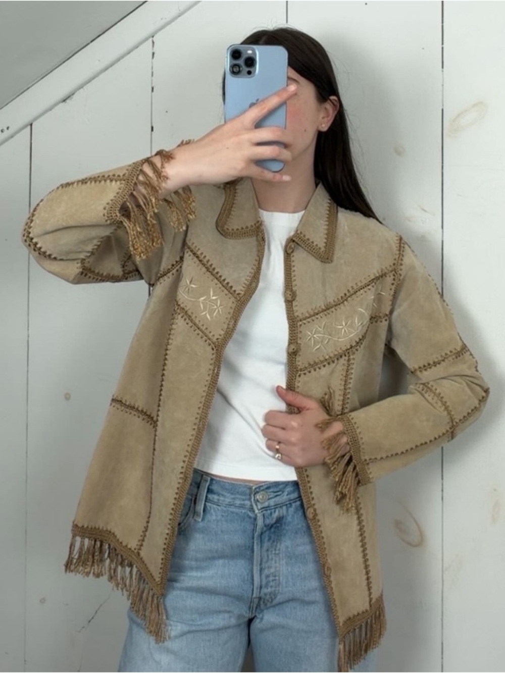 Vintage Suede Leather Crochet Patchwork Fringe Trim Embroidered Jacket Women’s S